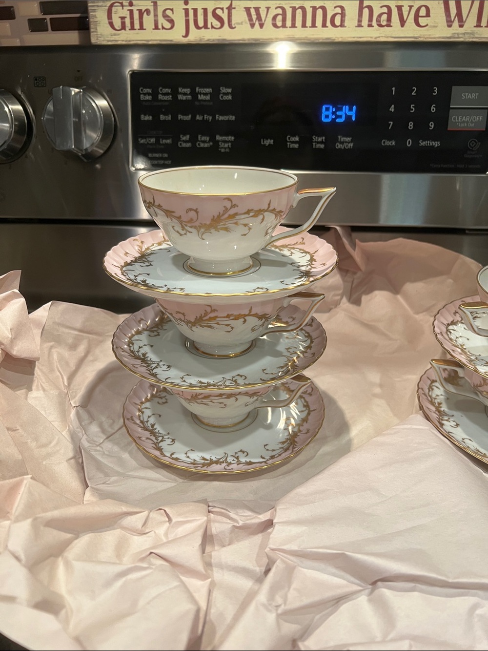 Royal Tettau Germany 1794 Elegance Rose Pink Gold Trim Set of 3 Cup Saucer Sets